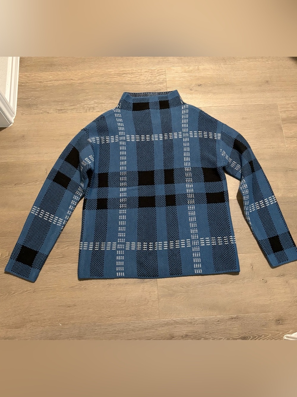 Blue Plaid Turtleneck Sweater - Women's Knit Pullover